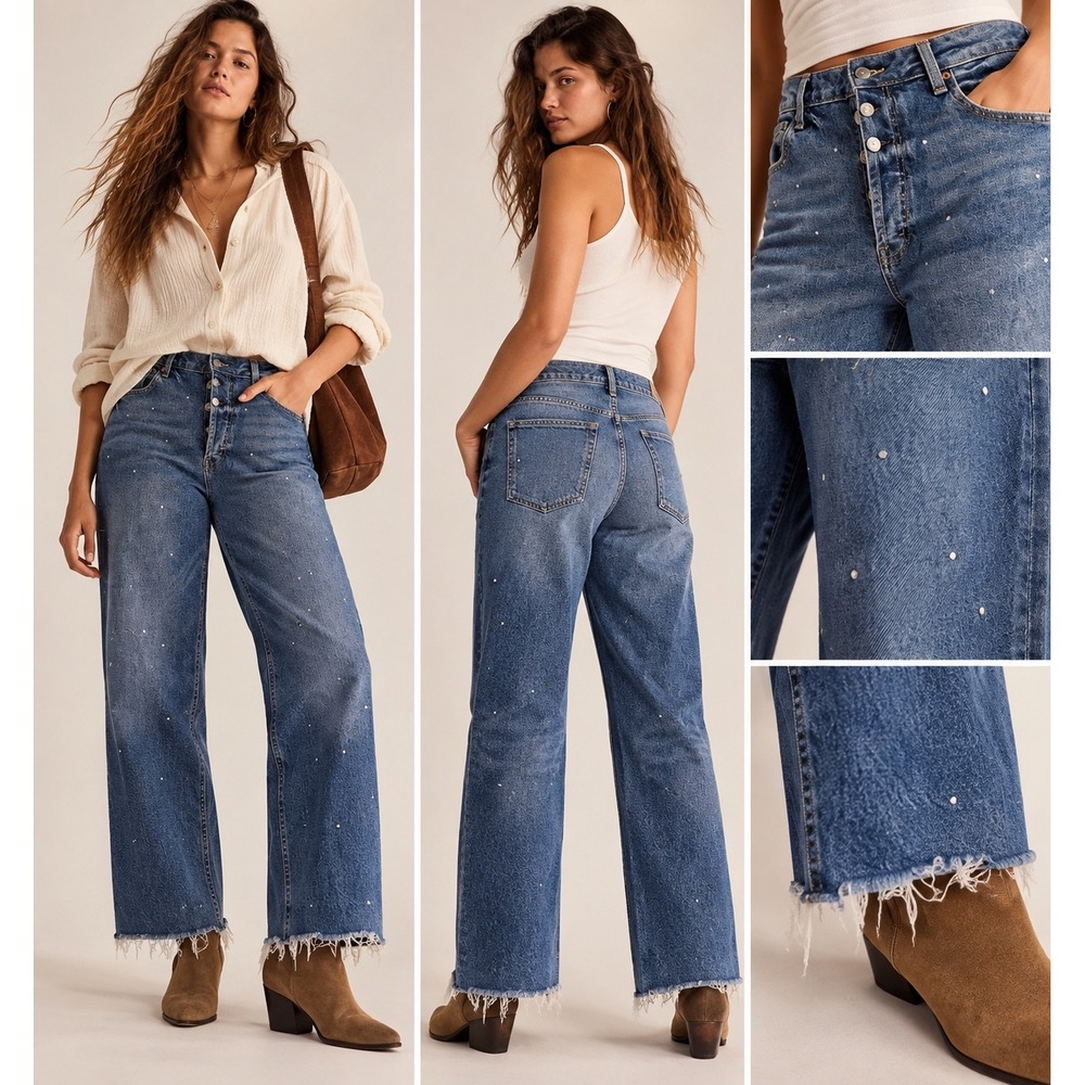 Old Navy Extra High-Waisted Wide-Leg Rhinestone Embellished Jeans Medium Wash 14